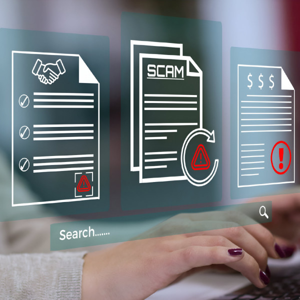 Woman types on laptop with graphics showing hints of fraud