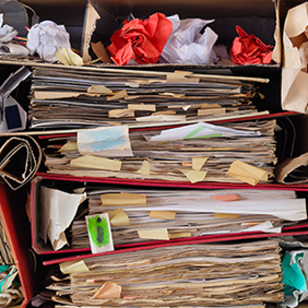 Stack of messy papers.