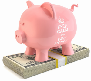 A pink piggy bank with the words 'keep calm and save money' on the left side, sitting on a stack of dollar bills