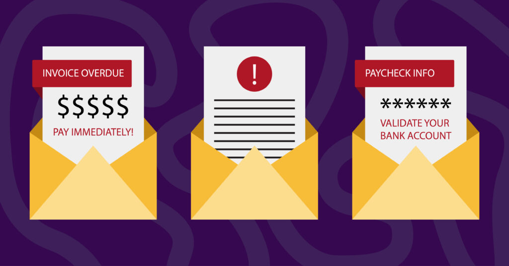Illustration of three fraudulent emails