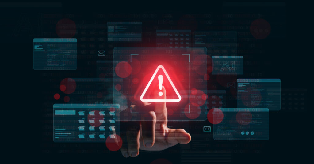 Graphic of someone clicking on an ominous, online red alert