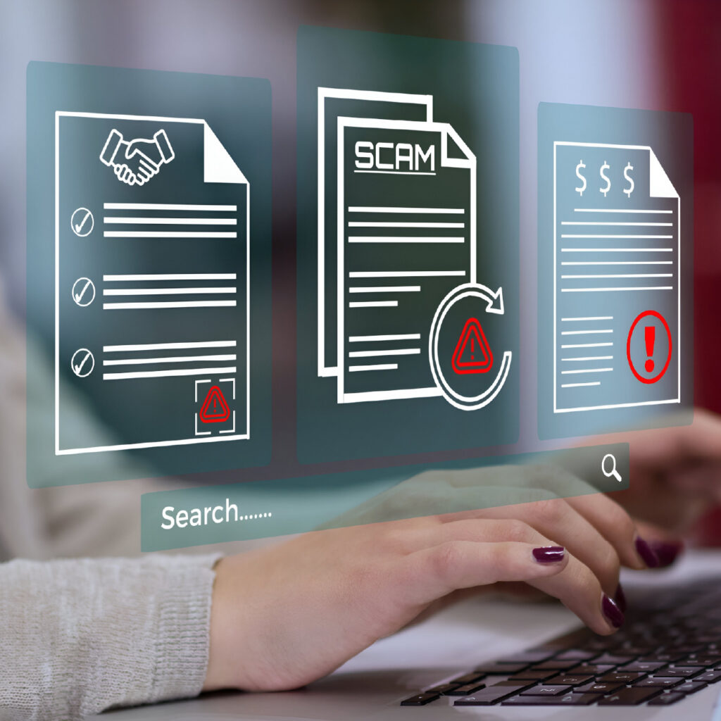 Woman types on laptop with graphics showing hints of fraud