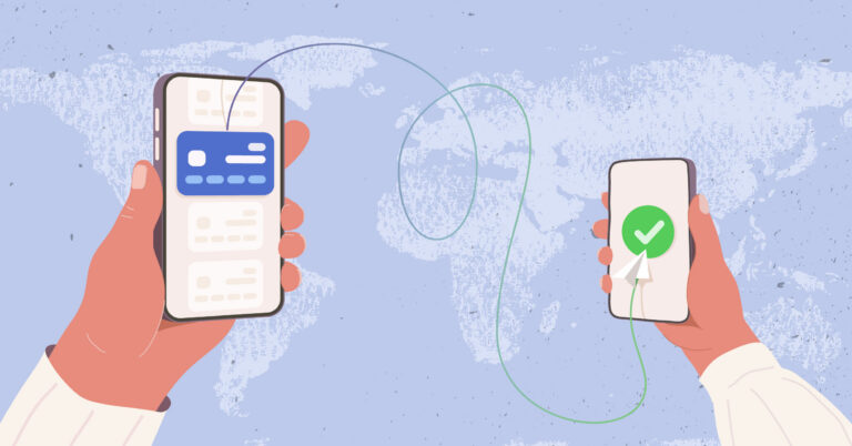 Illustration of one phone transferring money to another phone around the world