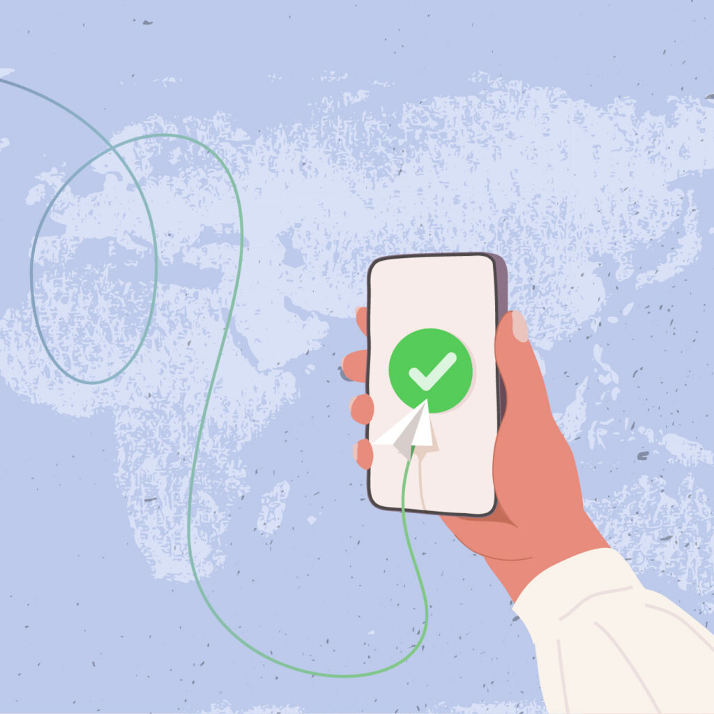 Illustration of one phone transferring money to another phone around the world