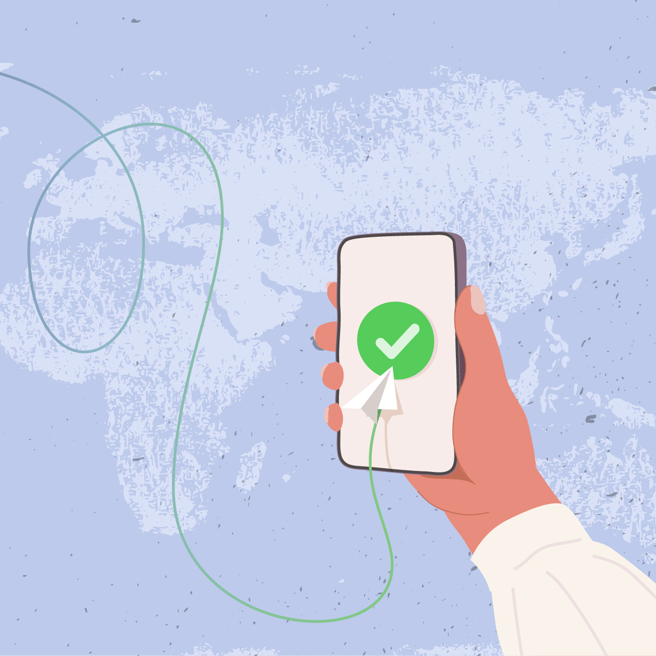 Illustration of one phone transferring money to another phone around the world