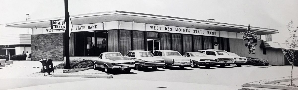 Black and white of the front exterior of West Des Moines State Bank, now known as West Bank.