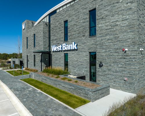 A drone photo of a sideview of West Bank's St. Cloud office.